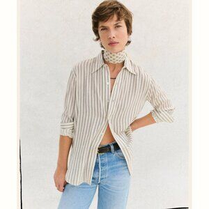 Buck Mason Poet Jacquard Button-Down Shirt Cream Black Stripe Size L